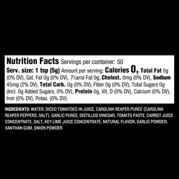 The Nutrition Facts for Traeger Carolina Reaper & Garlic Hot Sauce show 0 calories, fat, cholesterol, sodium, carbs, sugars, and protein per 1 tsp. Ingredients: water, diced tomatoes, Carolina Reaper puree, garlic, and spices.