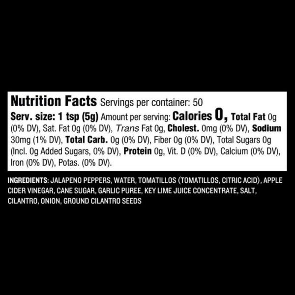 The Traeger Jalapeño & Lime Hot Sauce nutrition label shows 0 calories, fat, cholesterol, sugars, and protein per 1 tsp (5g) serving; 30mg sodium (1% DV). Ingredients: jalapeno peppers, tomatillos, spices. Contains 50 servings per container.