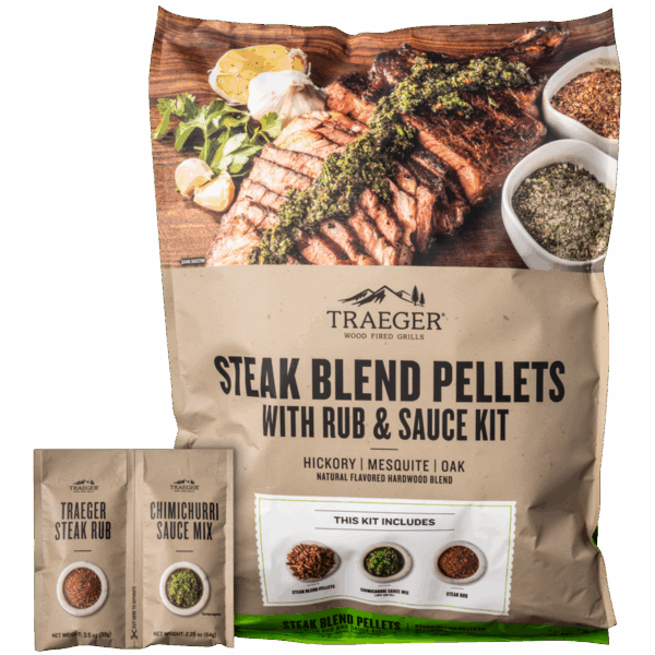 A bag labeled Traeger Summer Steak Blend Pellets is shown, featuring a steak meal and two small packets: Traeger Steak Rub and Chimichurri Sauce Mix.