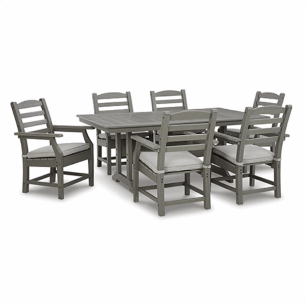 The Visola Dining Set 7 piece features a rectangular gray table and six matching gray armchair-style chairs with light gray seat cushions, perfect for outdoor dining.