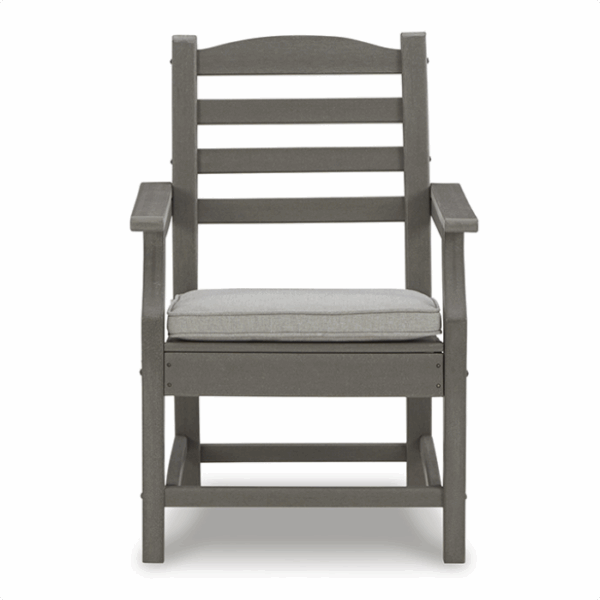 The Visola Dining Set 7 piece features a gray wooden outdoor armchair with horizontal slats on the backrest and a light gray seat cushion, shown from the front against a white background.