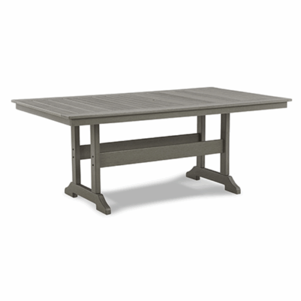 The Visola Dining Set 7 piece features a rectangular gray wooden table with a slatted tabletop and sturdy legs joined by a horizontal support beam.